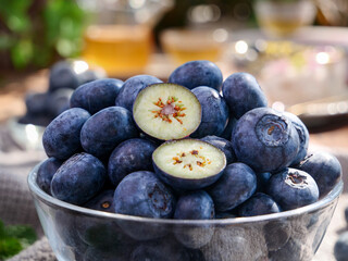 Fresh Organic Blueberries in Glass Bowl - Healthy Superfood Berry Fruit
