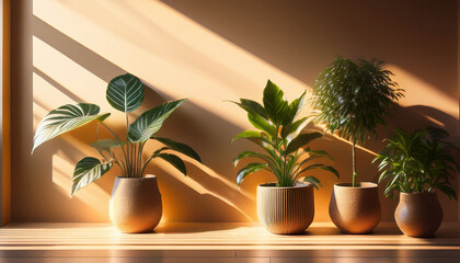 Potted Plants Casting Shadows On Wall Indoor Space Photography Natural Light Close Up Golden Hour Aesthetic