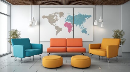 A modern, minimalist living room with a large world map on the wall, colorful furniture, and natural light from large windows.
