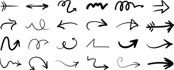 Hand-drawn arrows set, doodle sketch icons, curved, zigzag, spiral, decorative arrow designs, direction, navigation, infographic, presentation illustration