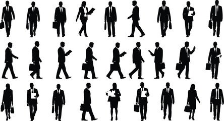 Business people silhouettes in corporate attire walking, talking, working, using devices, holding briefcases, teamwork, communication, professional lifestyle vector illustration