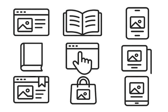 Vector UI icon set for website and mobile app design. E-commerce, online shopping, reading, e-book, blog, digital content, and marketing outline symbols. Editable stroke.
