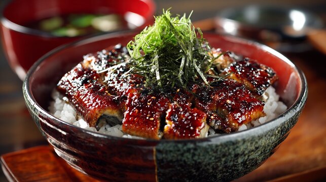 Authentic Japanese unagi donburi glazed grilled eel over rice garnished with sansho pepper beautifully styled food image
