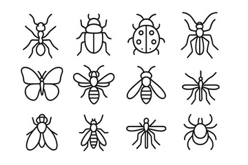 Insect and bug outline icon collection. Vector line art set with ant, beetle, ladybug, butterfly, bee, wasp, mosquito, fly and spider. Editable stroke pictogram symbols.