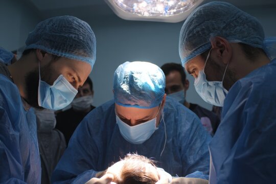 Medical team performing surgery under bright operating room light - Powered by Adobe