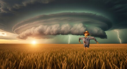 Scarecrow in wheat field facing massive supercell storm at sunset. Dramatic weather phenomenon with lightning and dark clouds over golden crops. Rural landscape storm chasing concept.