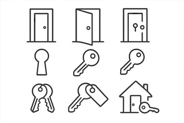 Key and Door Line Icons for Web, Apps, Books, Cards, Editable Stroke Vector Illustration, Home Security, Access Control, Digital and Physical Key Symbols