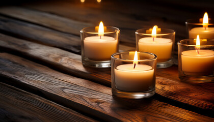 Serene Candlelight A Warm And Inviting Scene Of Glowing Candles On A Weathered Wooden Surface Casting Soft Shadows And Evoking A Sense Of Peace And Tranquility