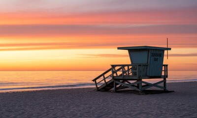 Coastal sunset view, lifeguard tower on sandy beach