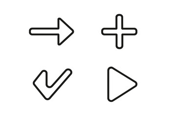 Obraz premium Simple linear vector illustration of user interface icons with arrow, plus, check mark, and play button symbols for app, web, card, and post design