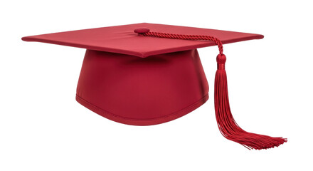 Isolated mortarboard graduation cap with red tassel is ready for a commencement ceremony