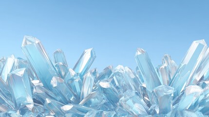 A cluster of blue and clear crystals against a clear blue sky.