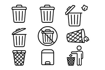 Trash can icon bundle, thin line editable stroke vector set for websites, apps, books, cards, office, recycling, waste management, clean environment concepts
