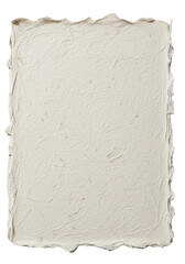 Blank rectangular sheet of off-white, handmade recycled paper with a rustic, uneven deckle edge, perfect for creative projects, isolated on transparent background