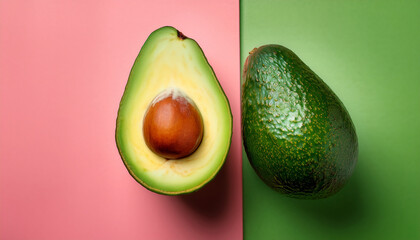 Halved Ripe Avocado With Seed On Green Pink Backdrop Displaying Smooth Texture And Vibrant Color Contrast Between Fruit And Background
