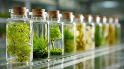 Glass jars containing various green and yellow plants in clear water, arranged in a row on a reflective surface.