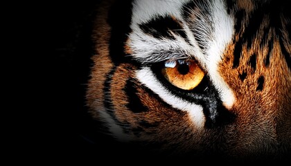 A powerful and intense close-up of a tiger's amber eye, emerging from a dark, shadowy background creating a dramatic portrait