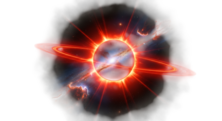 A mesmerizing digital rendering showcases a vibrant, fiery planet with a radiant corona and orbiting rings, set against a backdrop of swirling cosmic dust and nebulae, isolated on transparent backgrou