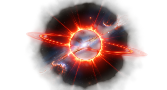 A mesmerizing digital rendering showcases a vibrant, fiery planet with a radiant corona and orbiting rings, set against a backdrop of swirling cosmic dust and nebulae, isolated on transparent backgrou