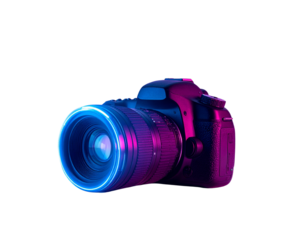  Futuristic 3D DSLR Camera with Neon Holographic Interface and Floating Digital Icons, isolated on transparent background PNG