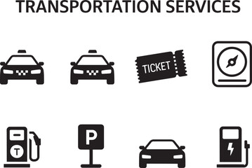 Collection of black silhouette icons representing transportation services and travel elements illustrating various modes of transport and related facilities