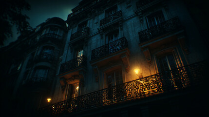 Fototapeta premium Golden hour light hitting classic European townhouses with wrought iron balconies