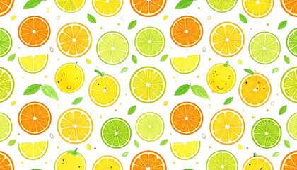 A cheerful and vibrant repeating pattern showcasing citrus fruit slices, including lemons, limes, and oranges, arranged on a white background.