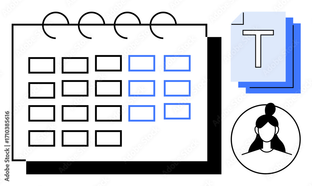 Poster organized calendar with highlighted dates, document stack, bold letter typography, and user profile 