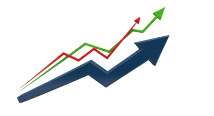 Isolated market trends ascending upwards with upward green and red lines with blue arrow