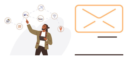 Man using a tablet pointing at network icons thumbs up wireless, location, and logistics, with a large envelope representing email communication. Ideal for technology, business, networking, digital
