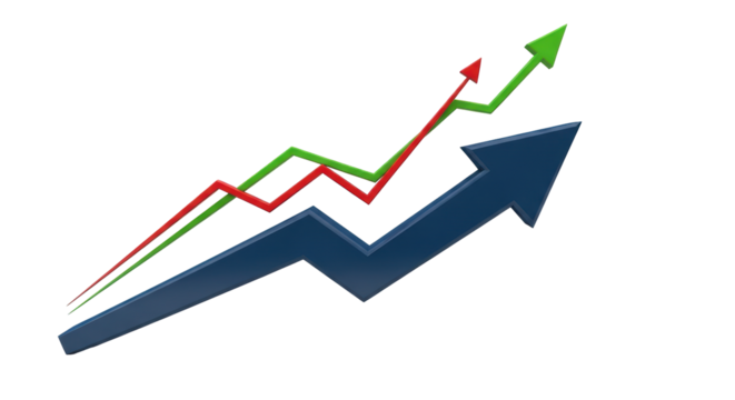 Isolated market trends ascending upwards with upward green and red lines with blue arrow