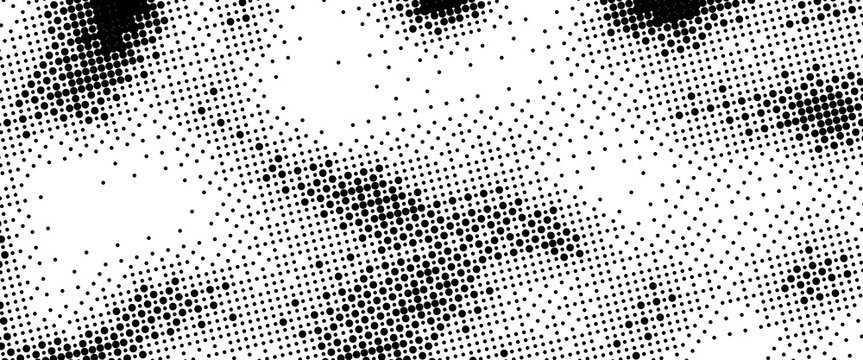 Pixelated bitmap gradient texture. Black and white dither pattern background. Abstract glitchy pattern. 8 bit video game screen wallpaper. Wide raster backdrop. Retro pixel art Illustration. Vector