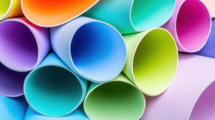 Vibrant Rolled Paper Tubes: Abstract Composition in Bold Colors and Soft Lighting