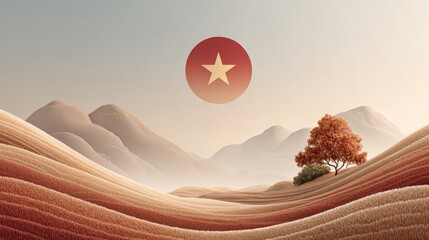 Serene landscape with rolling hills and single autumn tree under starry emblem