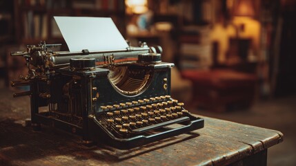 Vintage typewriter on wooden desk in cozy library setting