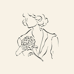 Botanical drawing. Minimal plant logo, botanical graphic sketch drawing,  meadow greenery, leaf and blooming flower abstract sketch element collection, rustic branch. Trendy tiny tattoo design, floral