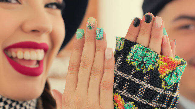 Young woman showing colorful manicure and smiling with friend, joyful close up, fashion nail art - Powered by Adobe