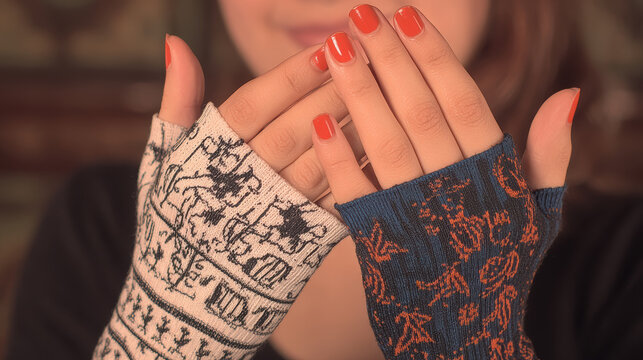 Fingerless knitted glove close up with painted nails and warm expression, cozy handmade fashion detail