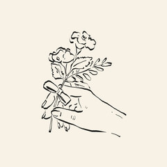 Botanical drawing. Minimal plant logo, botanical graphic sketch drawing,  meadow greenery, leaf and blooming flower abstract sketch element collection, rustic branch. Trendy tiny tattoo design, floral