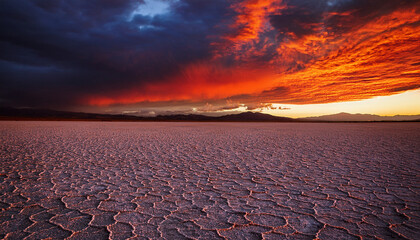 Rippling Salt Flats Under Dramatic Stormy Red Sunset