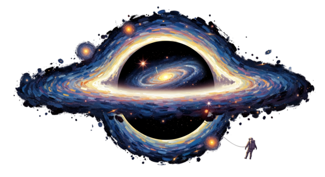 A surreal depiction of a black hole devouring a galaxy, with an astronaut tethered to the event horizon, creating a sense of cosmic wonder and peril, isolated on transparent background the artwork ble