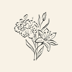 Botanical drawing. Minimal plant logo, botanical graphic sketch drawing,  meadow greenery, leaf and blooming flower abstract sketch element collection, rustic branch. Trendy tiny tattoo design, floral