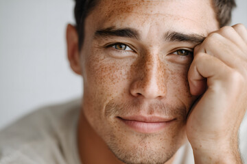 Obraz premium Confident man with striking freckles smiles gently, hand resting thoughtfully on his chin, exuding calm.