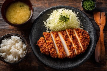 Crispy Japanese tonkatsu breaded pork cutlet sliced plate with shredded cabbage rice and miso soup