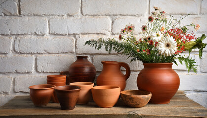 Rustic Still Life With Earthy Pottery And Flowers Against A Whitewashed Brick Wall