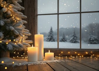 Cozy christmas scene with glowing candles and snow falling outside a window