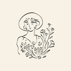 Botanical drawing. Minimal plant logo, botanical graphic sketch drawing,  meadow greenery, leaf and blooming flower abstract sketch element collection, rustic branch. Trendy tiny tattoo design, floral