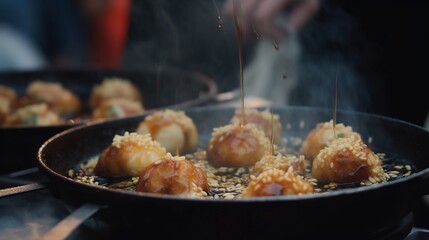 Crispy takoyaki balls sizzling a cast iron pan on a busy Osaka street topped with bonito flakes waving in the steam captured in cinematic detail