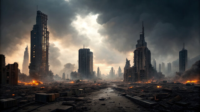 War torn futuristic city with collapsed skyscrapers, smoldering ruins, and dramatic smoky sky, evoking sense of desolation