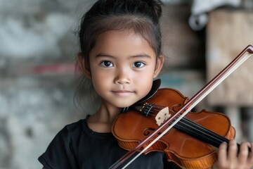 Teen Thai student playing violin during school music class